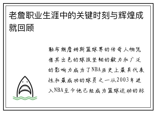 老詹职业生涯中的关键时刻与辉煌成就回顾 老詹职业生涯中的关键时刻与辉煌成就回顾